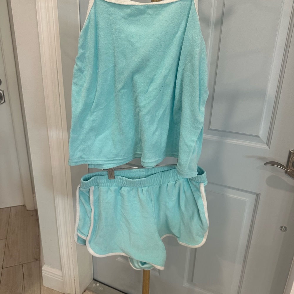 Light Blue Terry Cloth Halter Top and Shorts Set